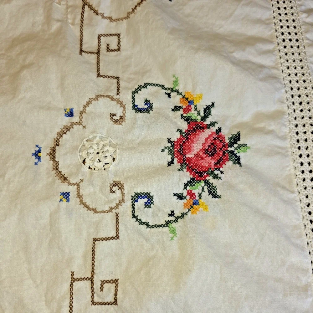 VTG Embroidered Cross Stitch Linen Tablecloth 112x64 White Crochet Edge Handmade